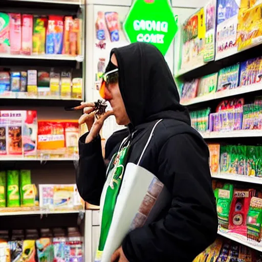 Image similar to beelzebub smoking a joint cigarette in a 7 - 1 1 store