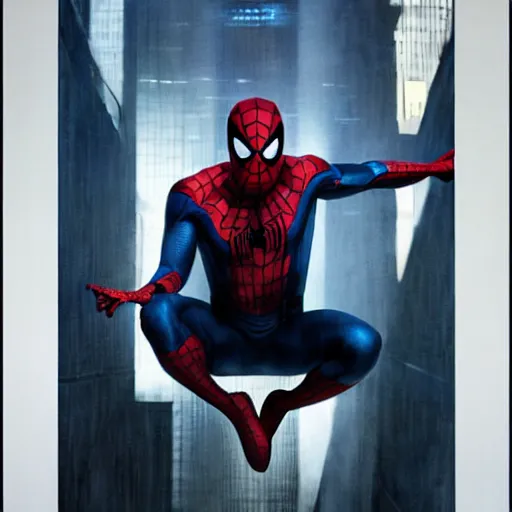 Image similar to ryan reynolds as spider - man, wearing a black and blue suit, cinematic, volumetric lighting, f 8 aperture, cinematic eastman 5 3 8 4 film, photorealistic by greg rutkowski, by stanley artgerm, by alphonse mucha