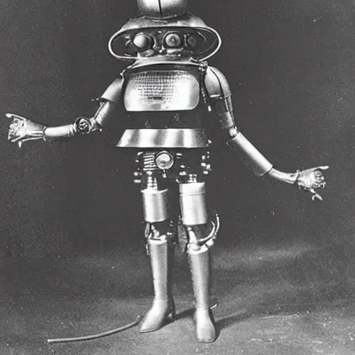 Prompt: an old-time photograph of a futuristic alien with cyborg armor