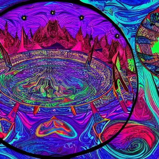 Prompt: psychedelic trip in a yurt on a lake in the pacific northwest, digital art