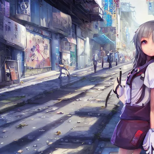 Image similar to dynamic composition, motion, ultra-detailed, incredibly detailed, a lot of details, amazing fine details and brush strokes, colorful and grayish palette, smooth, HD semirealistic anime CG concept art digital painting, watercolor oil painting of Clean and detailed post-cyberpunk sci-fi close-up schoolgirl in asian city in style of cytus and deemo, blue flame, relaxing, calm and mysterious vibes,, by a Chinese artist at ArtStation, by Huang Guangjian, Fenghua Zhong, Ruan Jia, Xin Jin and Wei Chang. Realistic artwork of a Chinese videogame, gradients, gentle an harmonic grayish colors. set in half-life 2, Matrix, GITS, Blade Runner, Neotokyo Source, Syndicate(2012), dynamic composition, beautiful with eerie vibes, very inspirational, very stylish, with gradients, surrealistic, dystopia, postapocalyptic vibes, depth of field, mist, rich cinematic atmosphere, perfect digital art, mystical journey in strange world