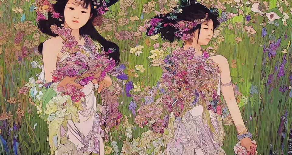 Prompt: oil painting, long shot, beautiful floralpunk thai girl illustration walking in a park, detailed patterns art of thai traditional dress, flower pop art, floral splash painting, art by ashley wood, alphonse mucha, makoto shinkai, geof darrow, dark shadow