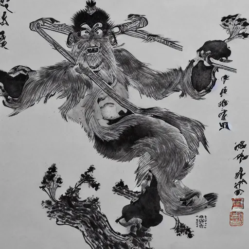 Image similar to a Chinese ink painting, taoism wukong, by wu daozi, HD,