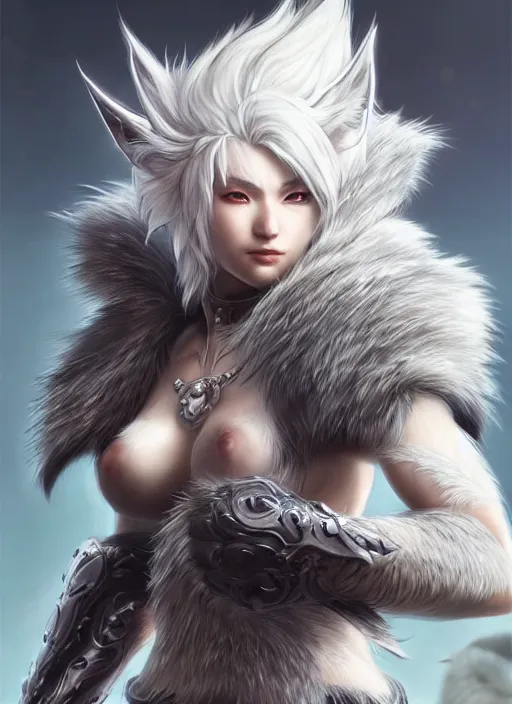 Image similar to warrior, fur - lined wolf armor!!! beautiful and elegant white hair female!! gorgeous ayes!! character concept art, sharp focus, octane render! unreal engine 5! highly rendered!! trending on artstation!! detailed linework!! illustration by artgerm, wlop, and chie yoshii