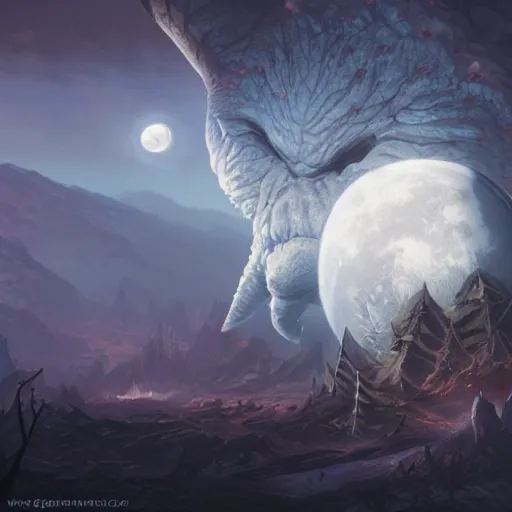 Image similar to giant moon monster, 8 k, depth of field, 3 d, art by artgerm and greg rutkowski