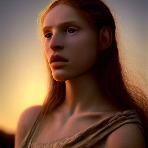 Image similar to photographic portrait of a stunningly beautiful neolithic renaissance female in soft dreamy light at sunset, contemporary fashion shoot, by edward robert hughes, annie leibovitz and steve mccurry, david lazar, jimmy nelsson, breathtaking, 8 k resolution, extremely detailed, beautiful, establishing shot, artistic, hyperrealistic, beautiful face, octane render