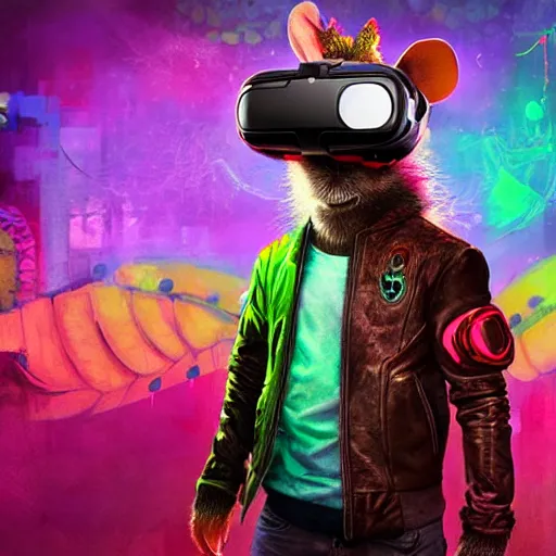 Image similar to anthropomorphic rat wearing a leather jacket and VR goggles, psychedelic artwork, bright colors, cyberpunk background, by ruan jia