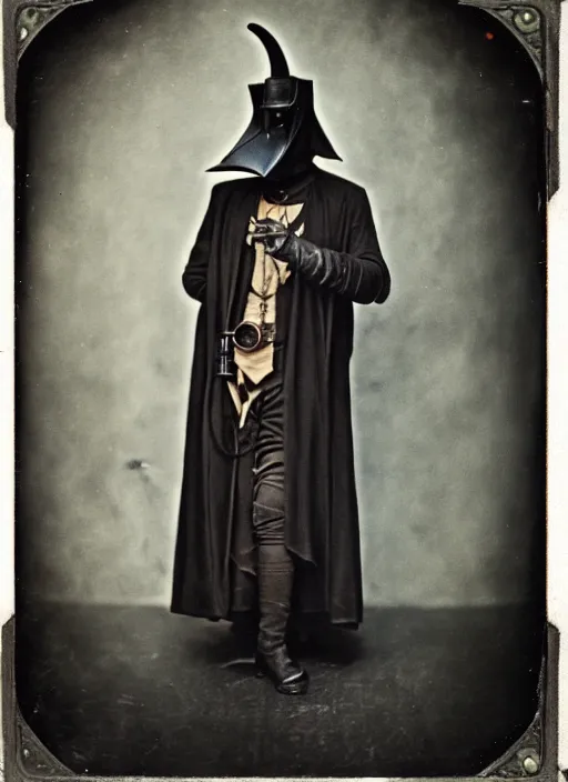 Image similar to 1910s photograph of a futuristic plague doctor in Steampunk leather high fashion Gothic bespoke couture storybook wide shot taken on A poloroid photograph from a large format camera Daguerreotype from the year 3020 in Kodachrome