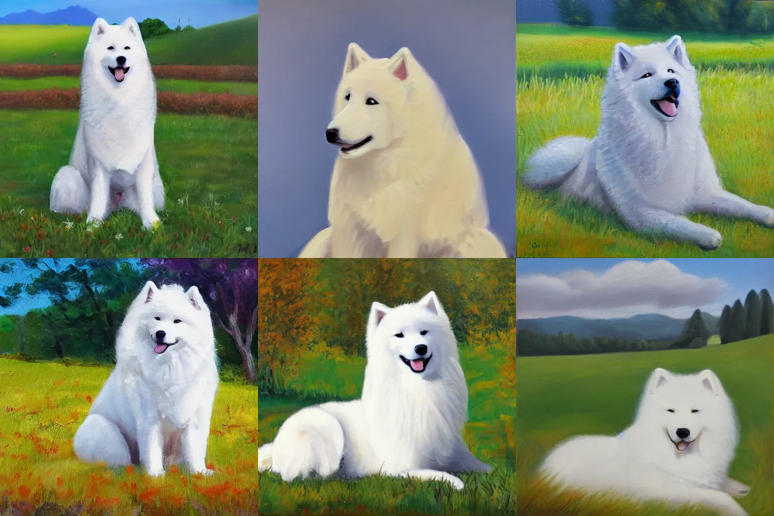 Prompt: a samoyed dog sitting in the middle of sunny meadow, oil painting