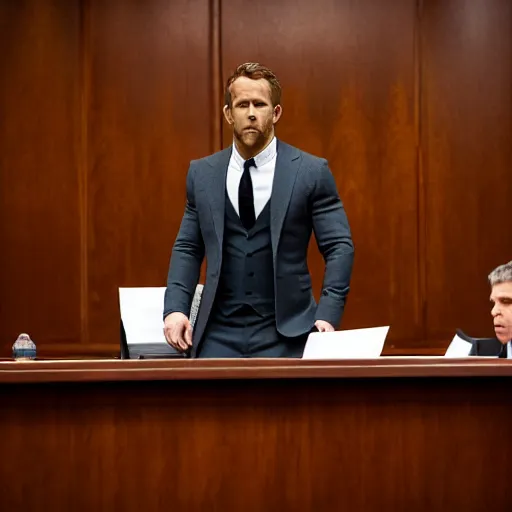 Image similar to ryan reynolds on trial in a courtroom, highly detailed, extremely high quality, hd, 4 k, 8 k, professional photographer, 4 0 mp, lifelike, top - rated, award winning, realistic, detailed lighting, detailed shadows, sharp, no blur, edited, corrected, trending