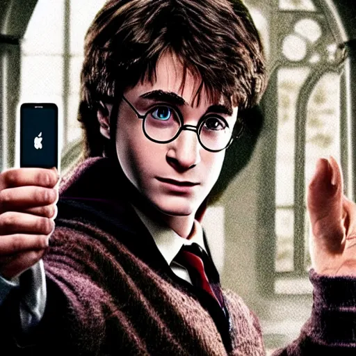 Image similar to movie screenshot of attractive harry potter holding an iphone in hogwarts, human face