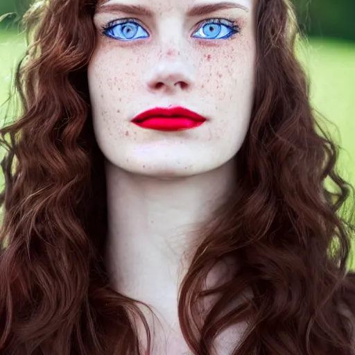 Prompt: close up photo of the left side of the face of a woman with blue eyes and wavy long red-brown hair, red detailed lips and freckles who looks directly at the camera. Slightly open mouth. Whole head visible and covers half of the frame, with a park visible in the background. 135mm nikon. Intricate. Very detailed 8k. Sharp. Cinematic post-processing. Unreal engine. Nanite. Ray tracing. Parallax. Tessellation
