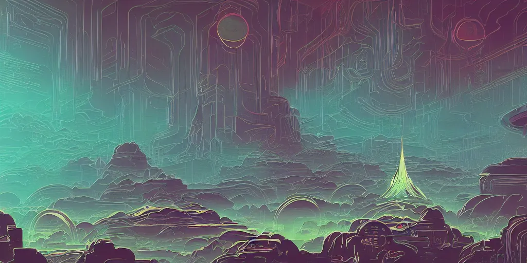 Image similar to a lovecraftian cinematic isograph print of a aetherpunk planet by alena aenami in the style of art - deco art, very, very aesthetic