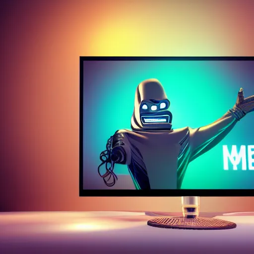 Prompt: Monitor head media concept - 3D illustration of hoodie wearing character with smiling computer display face standing in futuristic cyberpunk city