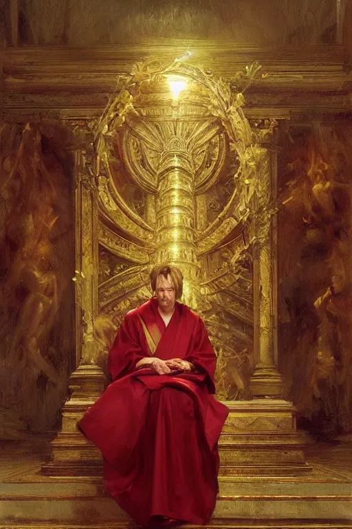 Image similar to beautiful oil painting, steve buscemi in royal crimson robes enthroned as the god emperor of ancient rome a golden wreath upon his head, by anders zorn, wonderful masterpiece by greg rutkowski, beautiful cinematic light, american romanticism, by thomas lawrence, greg rutkowski