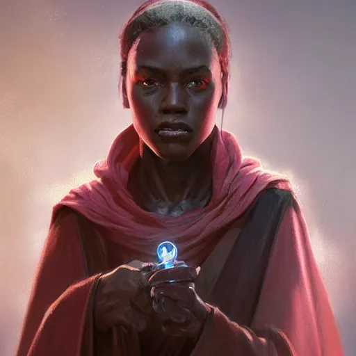 Image similar to portrait of a woman by greg rutkowski, youn jedi knight, black, afro hair, prettt, star wars expanded universe, she is about 2 0 years old, wearing jedi robes, highly detailed portrait, digital painting, artstation, concept art, smooth, sharp foccus ilustration, artstation hq