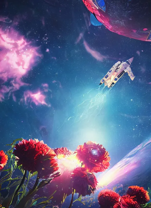 Image similar to An epic fantastic realism comic book style painting of the most beautiful flowers launched into space, bouquets, fisheye lens, unreal 5, DAZ, hyperrealistic, stars in the night sky, octane render, dynamic lighting