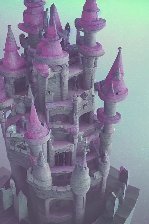 Prompt: multi level fairy castle, calm, tranquil, faded effect, detailed, vaporwave colors, render by substance designer