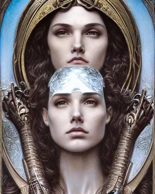 Image similar to matte painting portrait shot, beautiful gal gadot, steampunk, detailed and intricate by jean delville, gustave dore and marco mazzoni, art nouveau, symbolist, visionary, gothic, pre - raphaelite