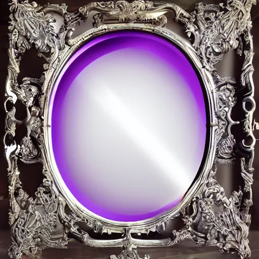 Image similar to a mirror in the shape of an antique silver tray floating and shooting purple magic in a castle, digital art