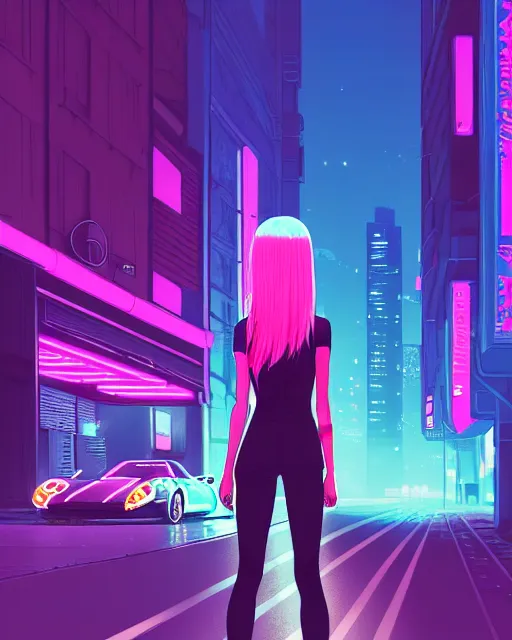 Image similar to digital illustration of cyberpunk pretty girl with pink hair, standing by a blue ford gt in a street at night, under streetlights, by makoto shinkai, ilya kuvshinov, lois van baarle, rossdraws, basquiat