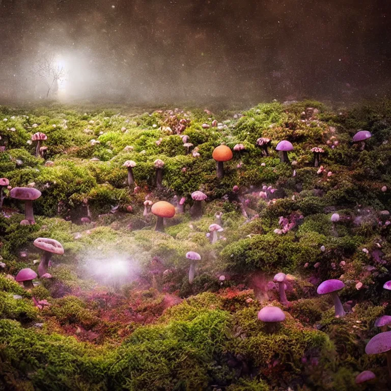 Image similar to a planet of various fungus, mushrooms, flowers and plants, inside the picture is infinity, Atmospheric, artistic photography, conceptual, long exposure outside the city, volumetric light