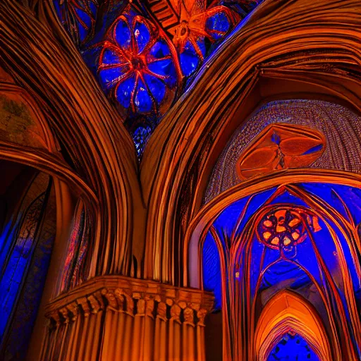Prompt: architectural light painting nightly shot, no decaying lines, alabaster gothic cathedral with long mandala windows, reflection of red sun, blue hour, gothic sapphire female statue, intricate arabesque detailed silk dressed, macro head face