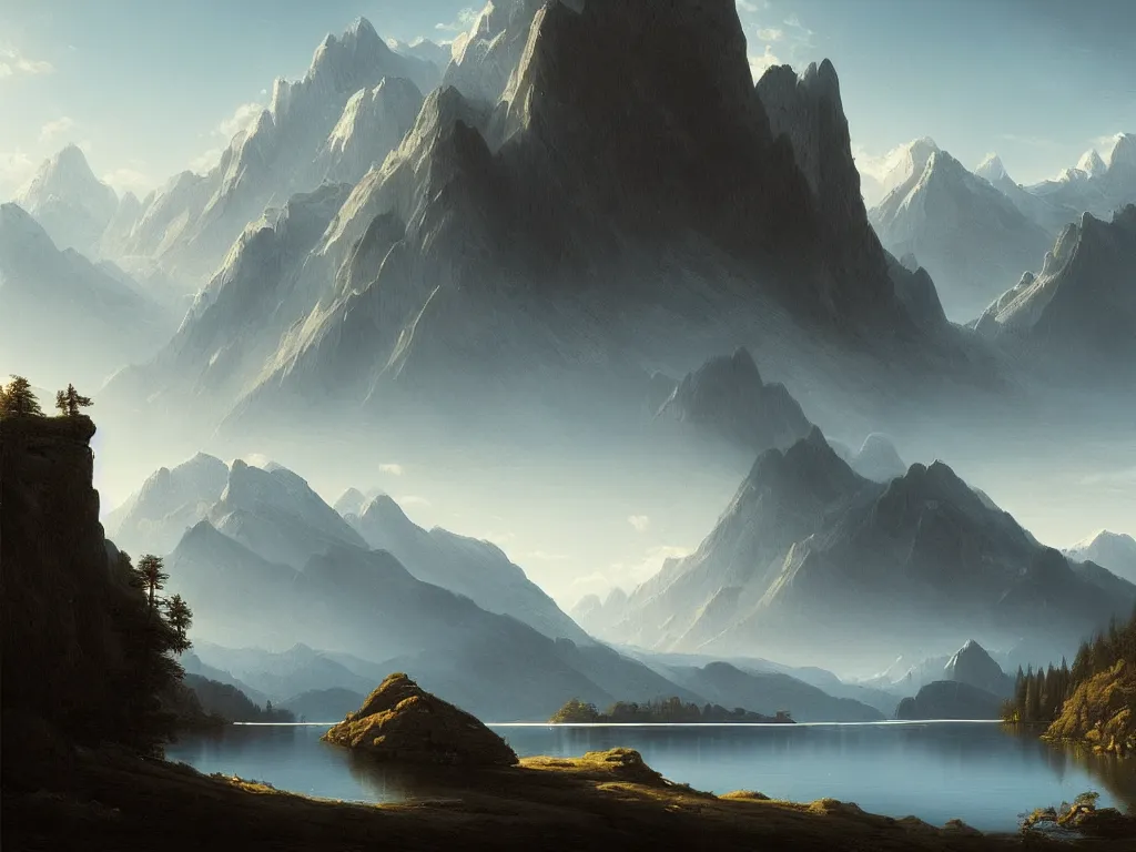 Prompt: beautiful serene landscape, mountains, lake, by raphael lacoste, low angle, wide angle, artstation
