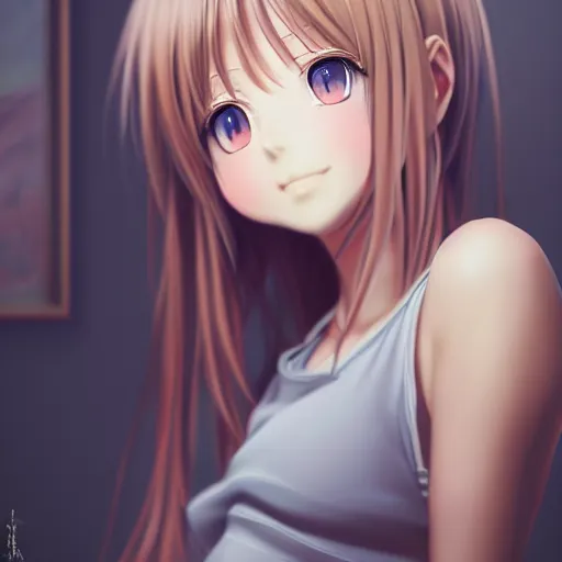 Image similar to beautiful serene intricate portrait of a realistic anime girl, smiling softly, wearing casual clothes, relaxing on the couch, interior lighting, cozy living room interior, soft focus, 8 k, art by irakli nadar, hyperrealism, hyperdetailed, ultra realistic