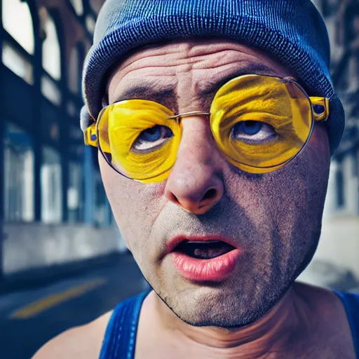 Prompt: portrait photo of a yellow - skinned bald wrinkly man with stubble and big eyes, he wears blue overalls no shirt, he looks like a human minion, moody cinematic lighting, realistic facial features, hyper detailed, crisp image, leica, 2 4 mm lens