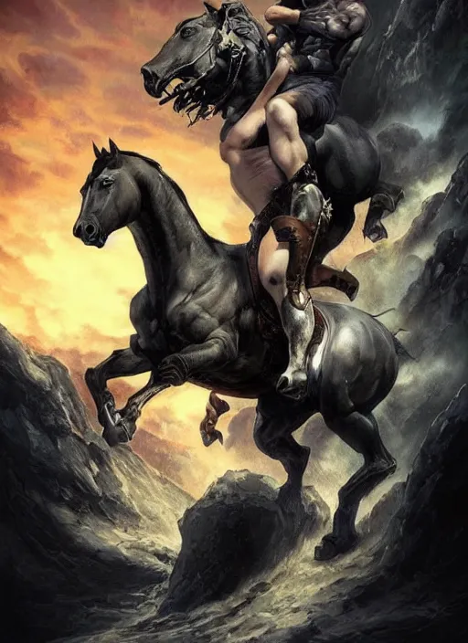 Prompt: chubby ethan van sciver with a bald head and grey trimmed beard with a pointy nose as the first horseman of the apocalypse riding a strong big black stallion, horse is up on its hind legs, beautiful artwork by artgerm and rutkowski, breathtaking, beautifully lit, dramatic, full view