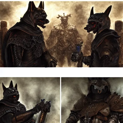 Prompt: berserk skullknight black armor, anthropomorphic shiba inu, shiba inu face, in tavern of knights, stuning 3 d render, masterpiece, glowing aura, by donato giancola and greg rutkowski and wayne barlow and zdzisław beksinski, realistic face