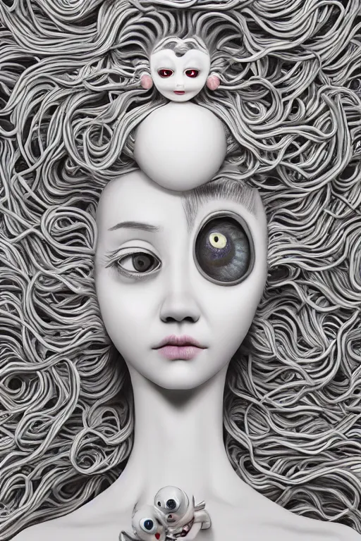 Prompt: 3 d full head and shoulders beautiful white porcelain woman with white big eyeballs all through her hair, ornate detailed hair, 3 d swirling hair by theodor seuss geisel and daniel arsham and xiang duan, simon stalenhag, kim jung gi, on a white background