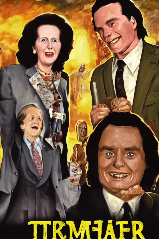 Image similar to margaret thatcher and tommy wiseau, ghanaian movie poster, highly detailed, olive garden, explosions, pasta, high octane render, hd, realism