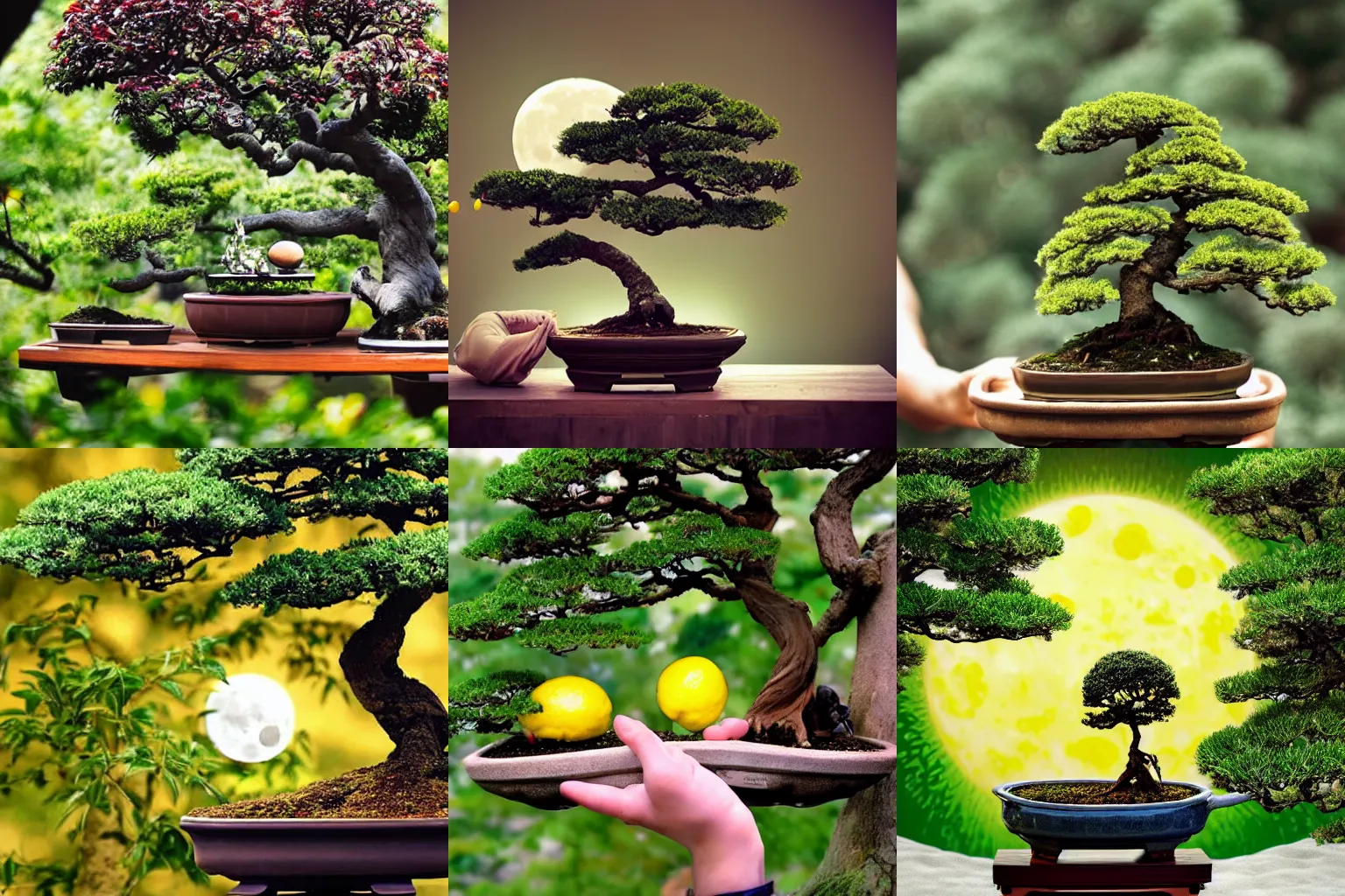 Prompt: humanistic moon resting under a bonsai tree while holding a lemonade