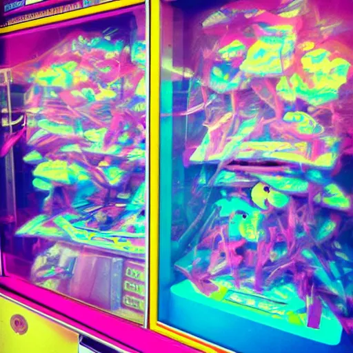 Image similar to “winning a crane game machine Pink blue yellow white pastels”