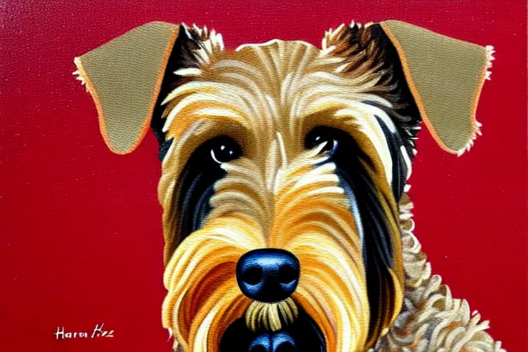 Image similar to portrait of airedale terrier. painting by zatzka hans