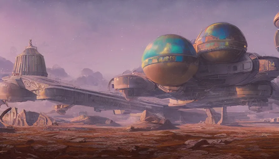 Image similar to a beautiful matte painting of a flying science fiction space ship over the old soviet city simon stalenhag and alan bean, trending on artstation, realistic rendering
