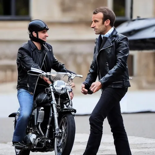 Image similar to emmanuel macron wearing a black leather jacket, biker, rock n roll