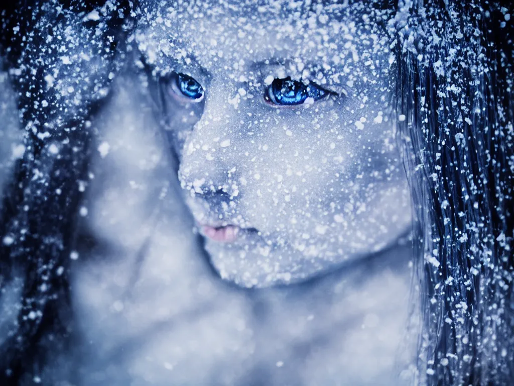Image similar to the piercing blue eyed stare of yuki onna, mythology, freezing blue skin, mountain blizzard and snow, canon eos r 6, bokeh, outline glow, asymmetric unnatural beauty, blue skin, centered, rule of thirds