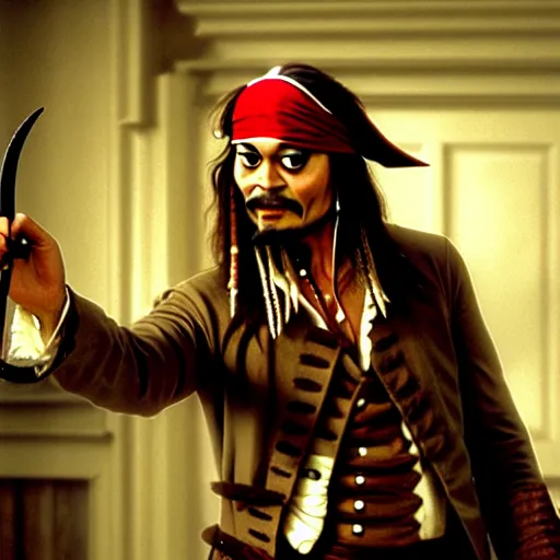Prompt: mr. bean as jack sparrow from pirates of the carribean. movie still. cinematic lighting.