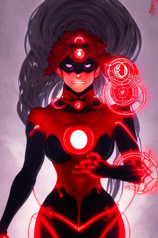 Image similar to anime key visual of a beautiful female red lantern!! intricate, red and black suit, glowing, powers, rage, anger, hate, dc comics, cinematic, stunning, highly detailed, digital painting, artstation, smooth, hard focus, illustration, art by artgerm and greg rutkowski and alphonse mucha