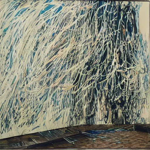 Prompt: large scale painting by cy twombly by julie mehretu, high resolution art scan, well lit