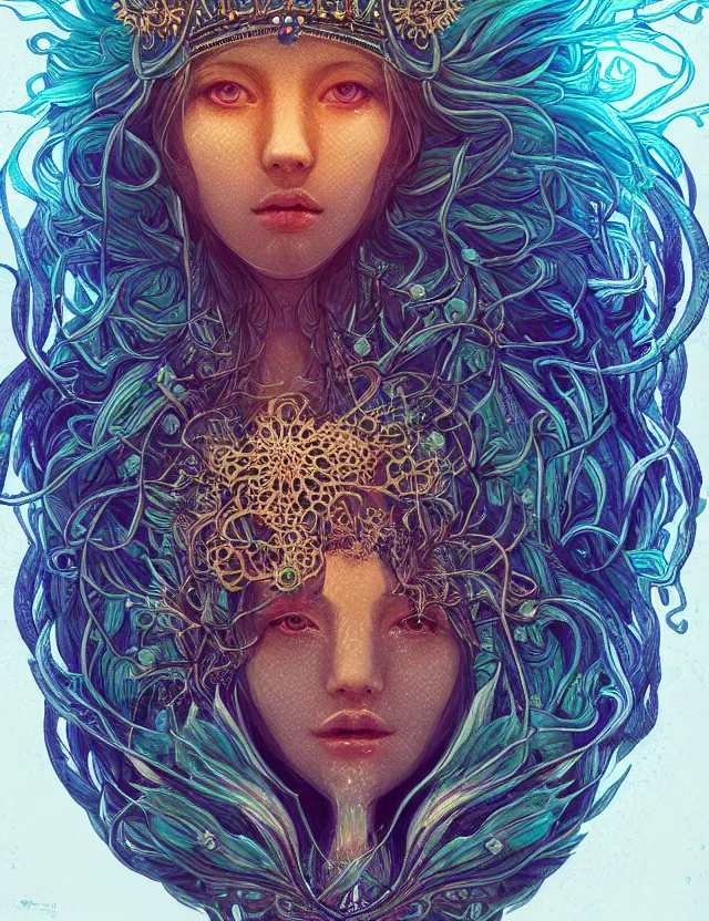 Image similar to symmetrical, centered, goddess close-up portrait wigh crown made of skulls. phoenix betta fish, phoenix, bioluminiscent creature, super intricate ornaments artwork by Tooth Wu and wlop and alena aenami and greg rutkowski