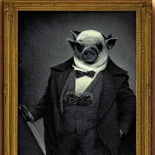 Image similar to a pig in a tuxedo, creepy atmosphere, dark, portrait, realistic, very realistic, illustration by Gustave Doré