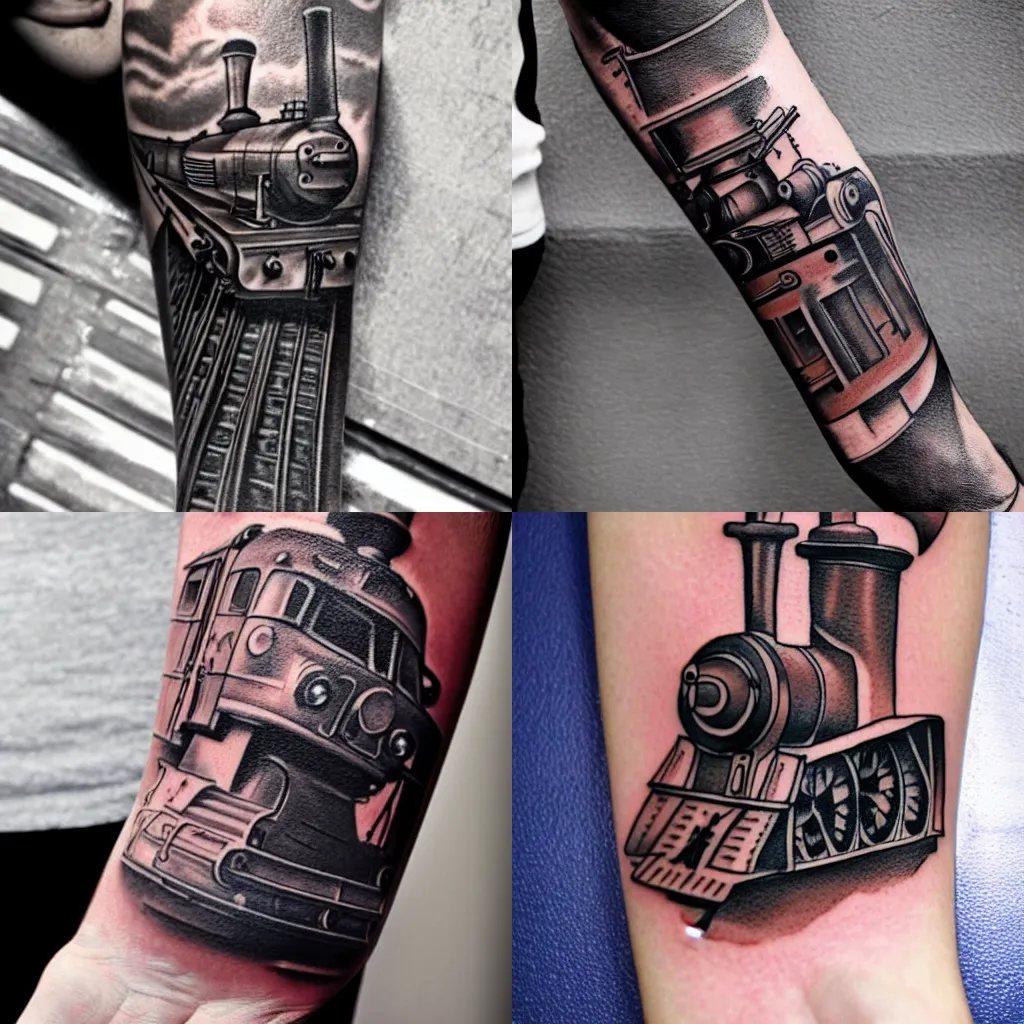 Prompt: tattoo of a steam locomotive on rails, along length of forearm