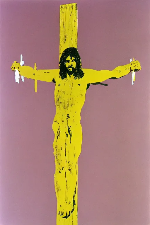 Image similar to bloody jesus christ crucified, yellow sky painted by andy warhol and cy twombly