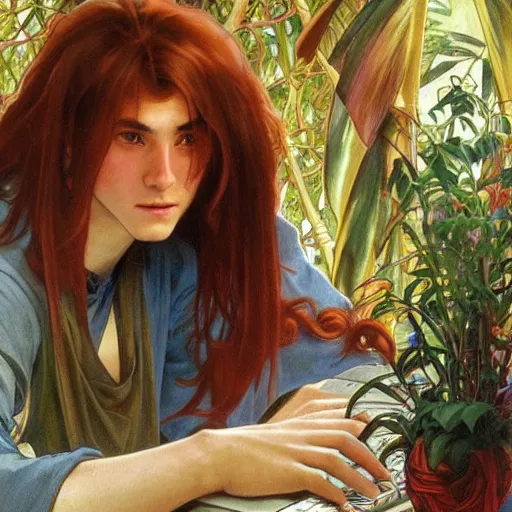 Prompt: a red-haired long-haired teenage boy sitting at a computer, jungle around him, painting by artgerm and alphonse mucha, smooth sharp focus, third person POV