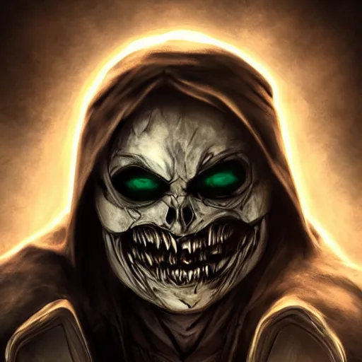 Image similar to photorealistic dark fantasy concept art of nightmare sans with his eye glowing, dynamic lighting, stunning visuals, ray tracing, beautiful scenery, cinematic, full body portrait, ultra detailed, hyper detail, stunning detail