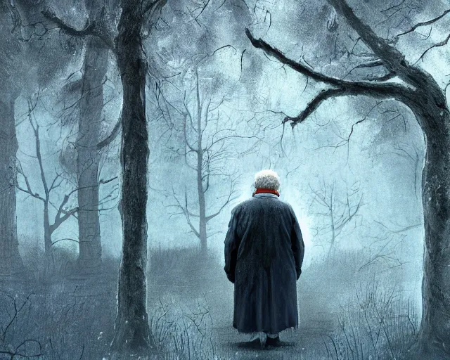 Prompt: an old man sees a great grey owl in a maple tree in front of him, concept art, realistic modern supernatural horror thriller aesthetic, hd 4 k 8 k digital photography render, inspired by steve prescott and michael whelan and dave mckean. layout in the style of christopher mckenna and gregory crewdson